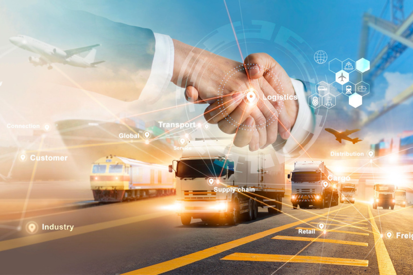 Double exposure image of businessmen shaking hands on implementing Supply Chain Finance with global trade-related icons and text.