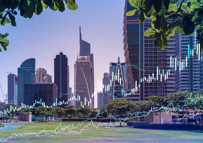 A double-exposure image of the panoramic view of Dubai Marina skyscrapers with FOREX graph and chart to illustrate the Nasdaq Dubai growth market.