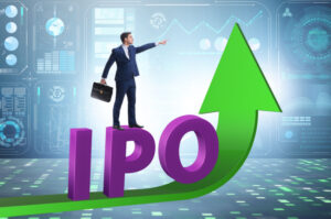 A businessman standing on an ascending IPO arrow illustrates the SME IPOs - NSE SME to Main Board concept.
